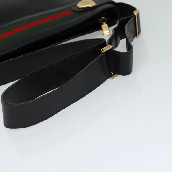 GUCCI Web Sherry Line Shoulder Bag Leather Black Gold Red Auth IN032 - Picture 6 of 16